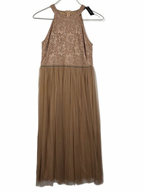 Candalite Lace Halter Dress in Nude Tan with Tulle Skirt Size Medium